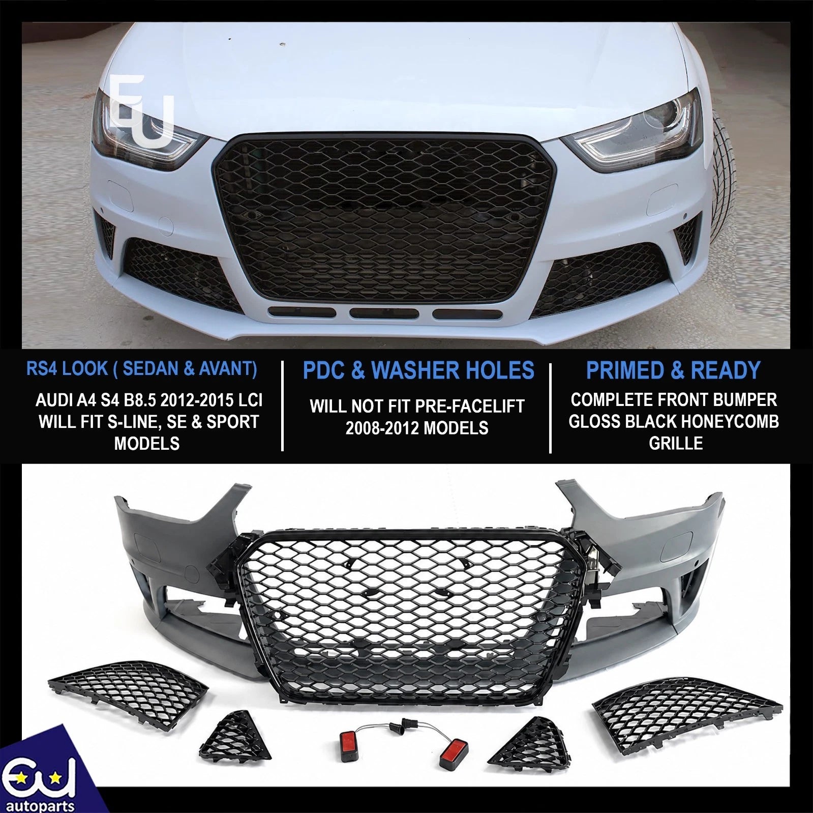 RS4 STYLE FRONT BUMPER CONVERSION BODYKIT FOR AUDI A4 S4 B8.5 2012-2015 FACELIFT
