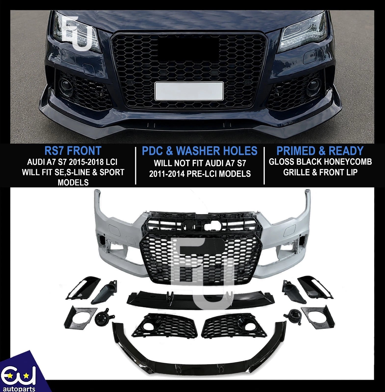 RS7 LOOK FRONT BUMPER CONVERSION KIT FOR AUDI A7 S7 C7.5 15-18 GRILLE W/SPLITTER