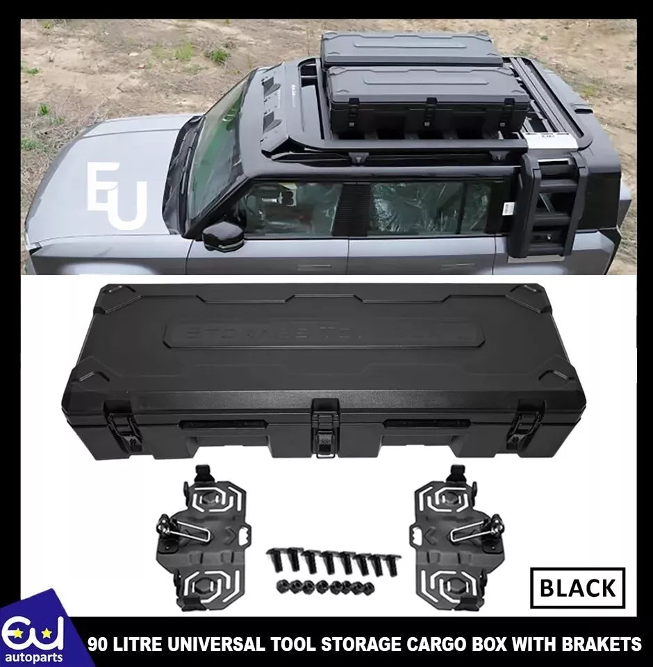 90 LITRE UNIVERSAL TOOL STORAGE CARGO BOX WITH BRAKETS ROOF RAILS RACK