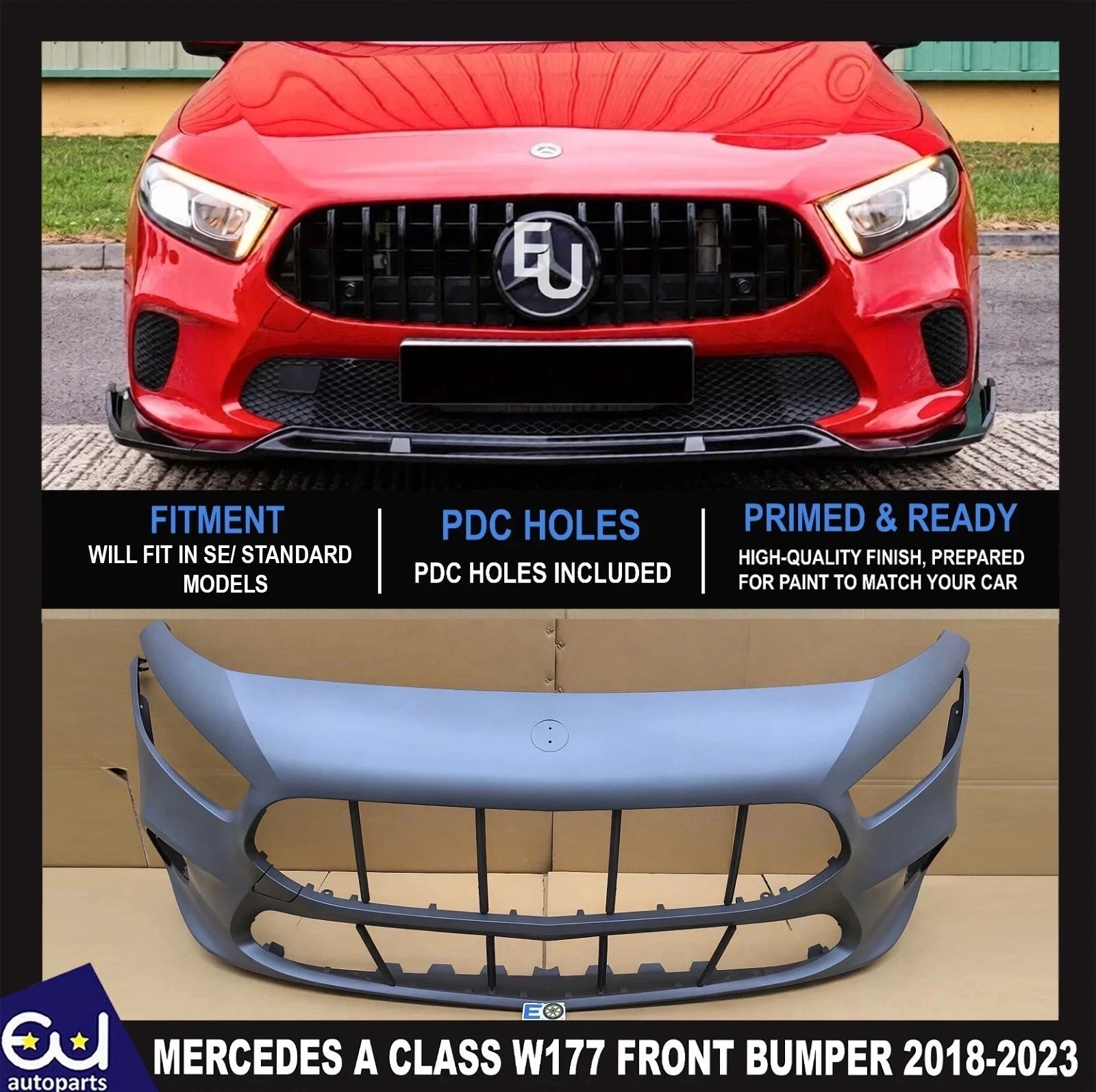 FOR MERCEDES A CLASS W177 18-23 FRONT BUMPER PRIMED PARKING SENSORS NOT AMG
