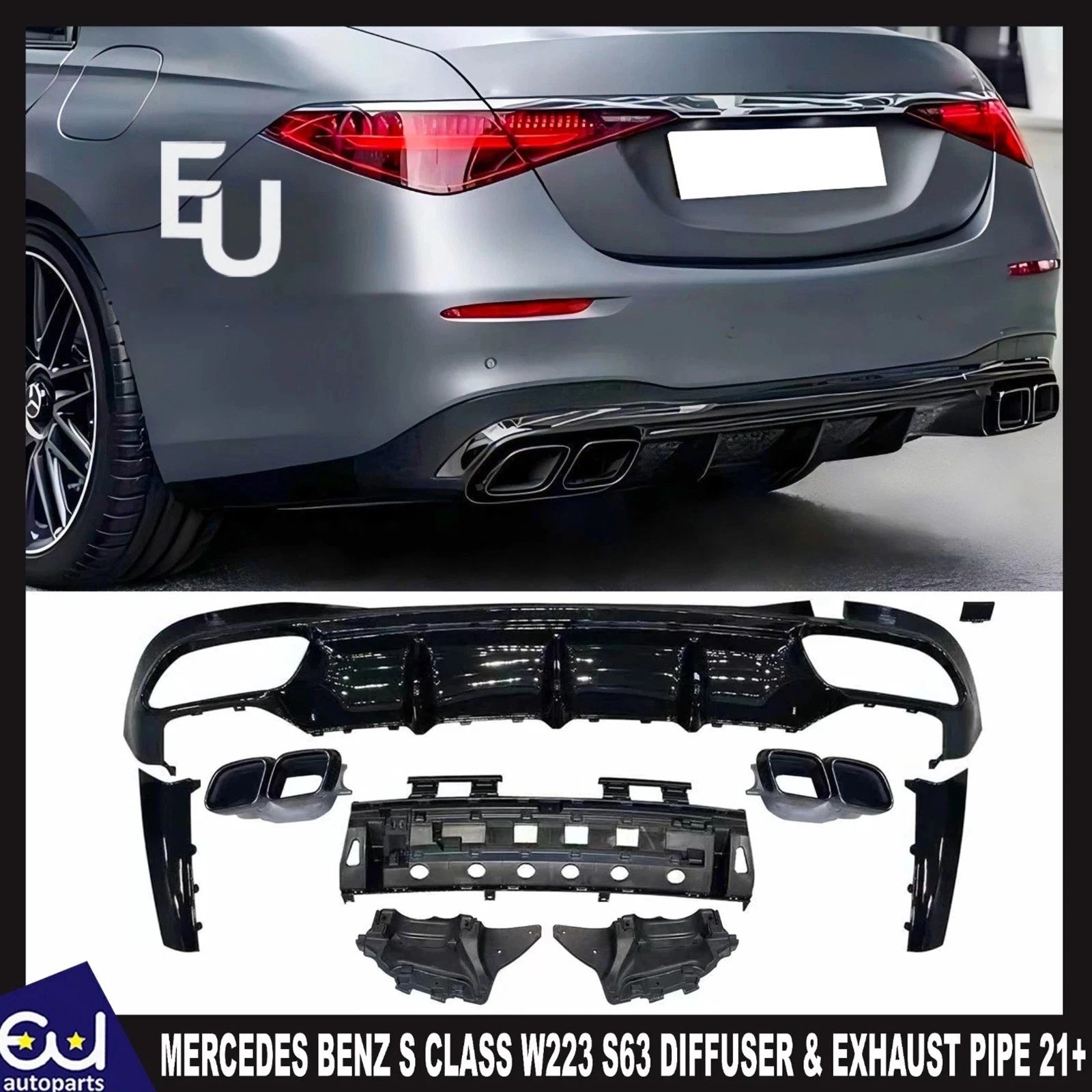 FOR MERCEDES BENZ S CLASS W223 S63 AMG REAR DIFFUSER WITH EXHAUST PIPE GLOSS 21+