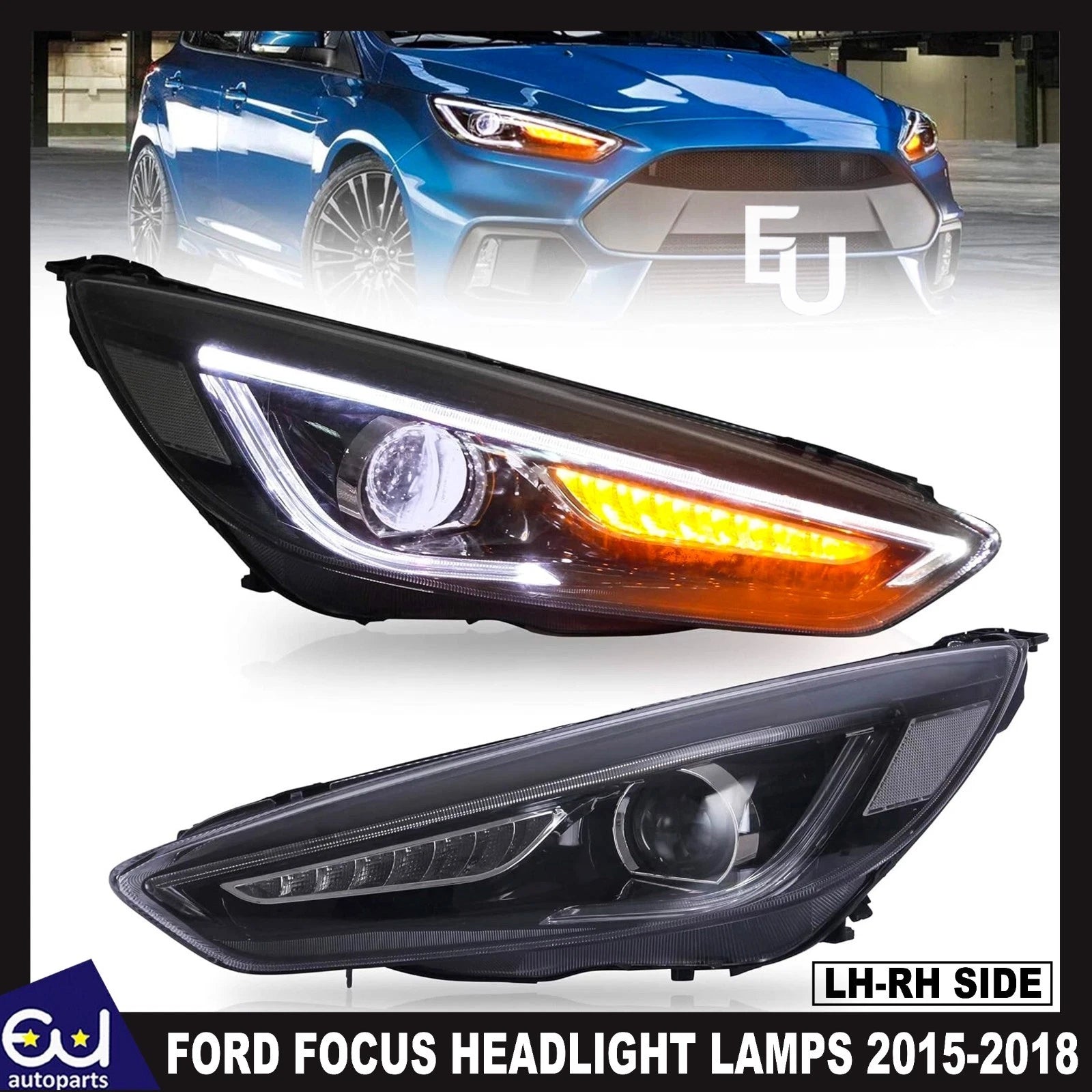 LED HEAD LIGHTS LAMPS SET FOR FORD FOCUS 2015-2018 WITH SEQUENTIAL INDICATORS
