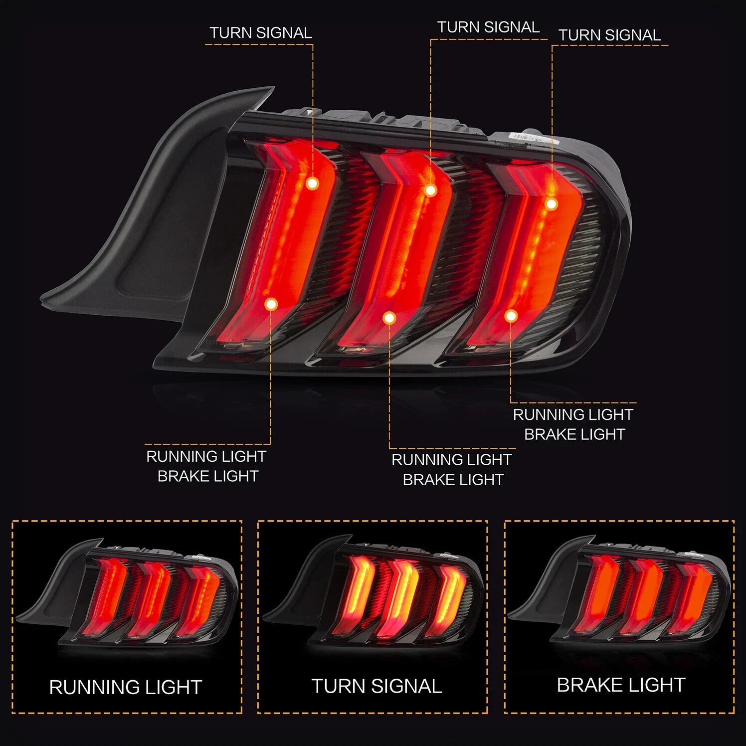 SMOKED LED REAR LIGHTS 5 MODES FOR FORD MUSTANG 2015-2023 W/SEQUENTIAL SIGNALS