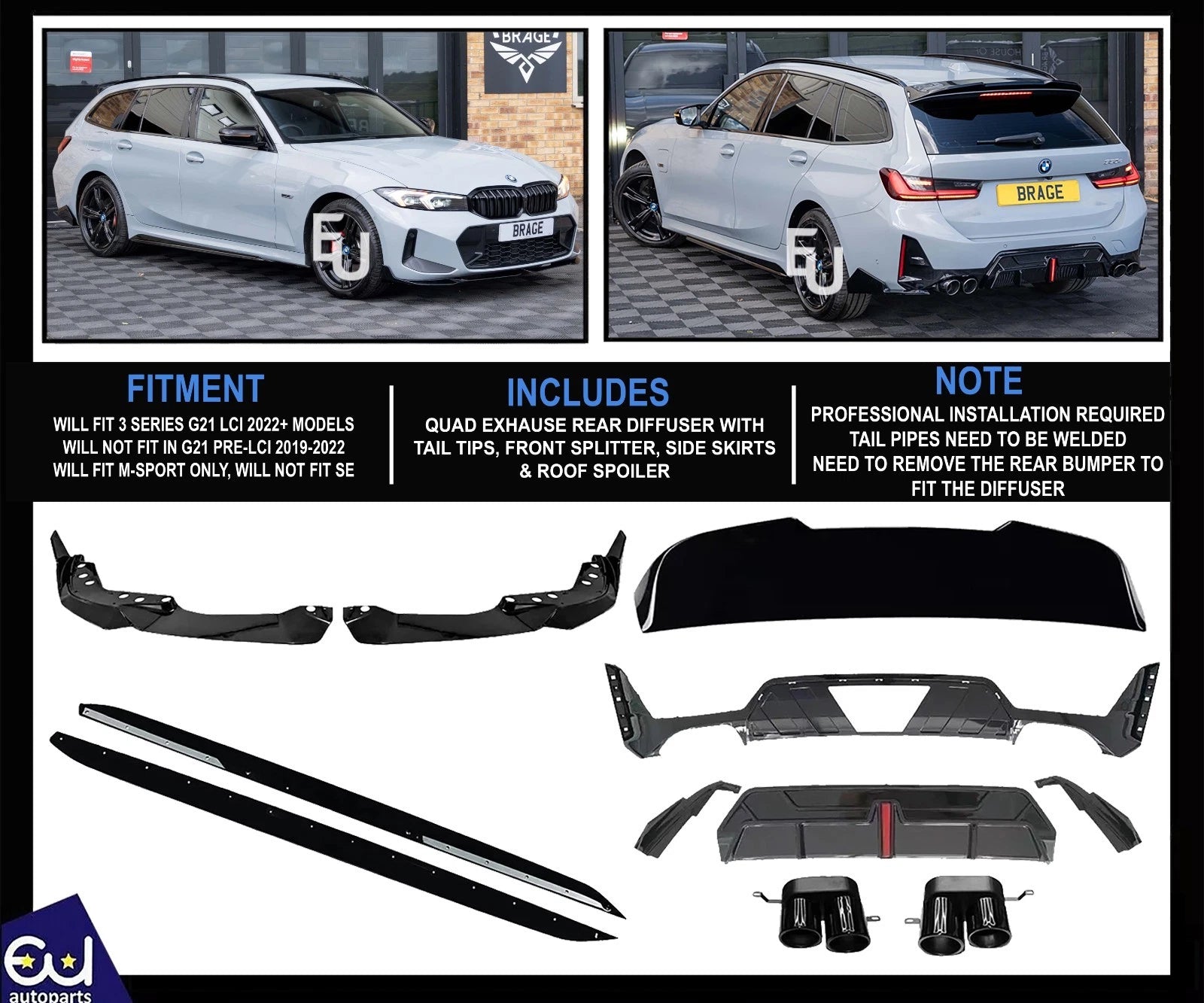 FOR BMW 3 SERIES G21 LCI 2022+ BODYKIT FRONT SPLITTER QUAD REAR DIFFUSER W/LED