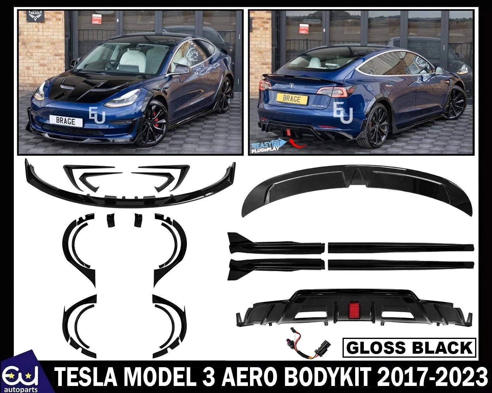 BRAGE DESIGN WIDE BODY AERO BODY KIT WHEEL ARCH FRONT SPLITTER FOR TESLA MODEL 3