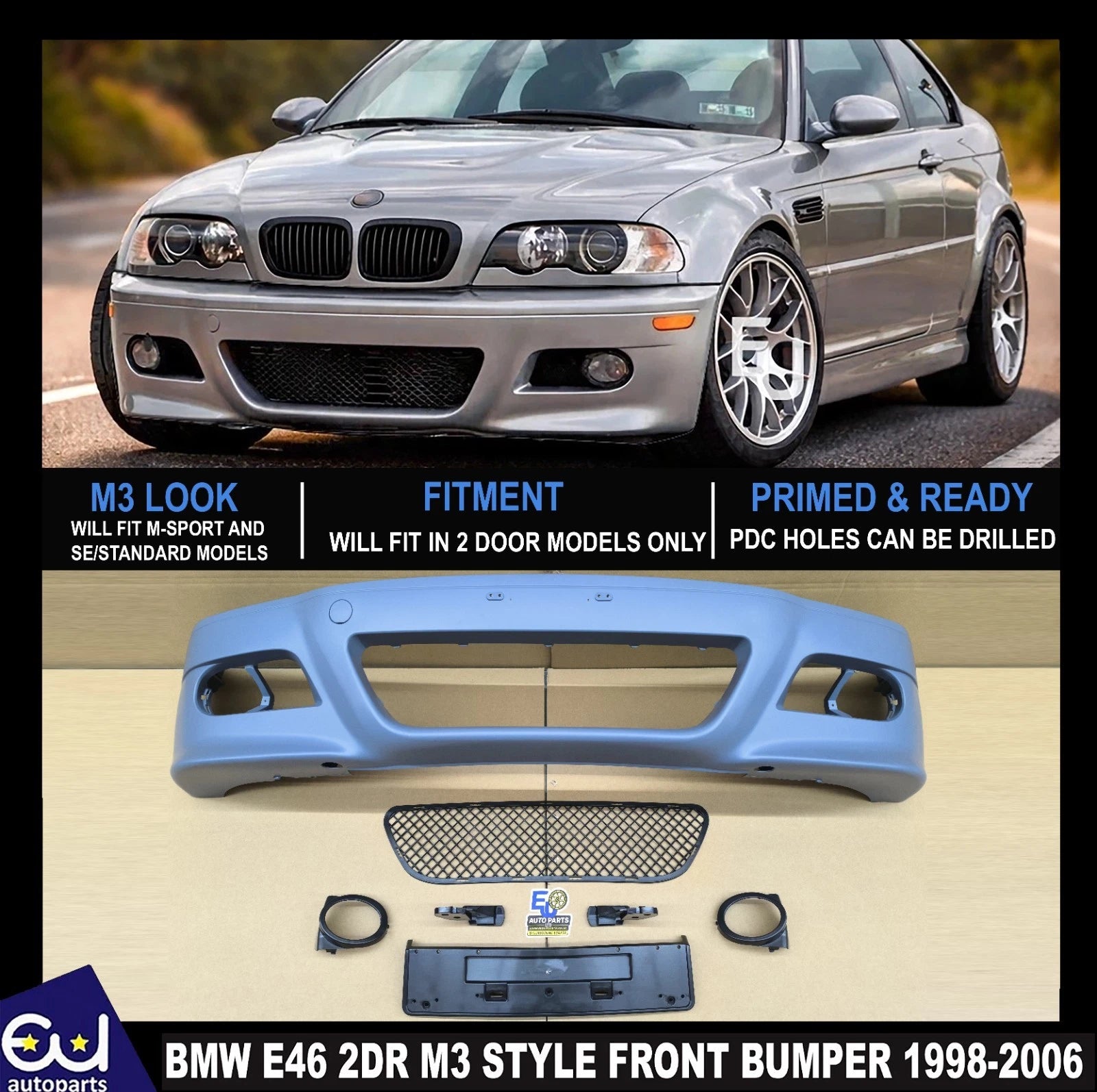 FOR BMW E46 98-06 COUPE CONVERTIBLE 2DR M3 STYLE LOOK FRONT BUMPER GRILLE UK