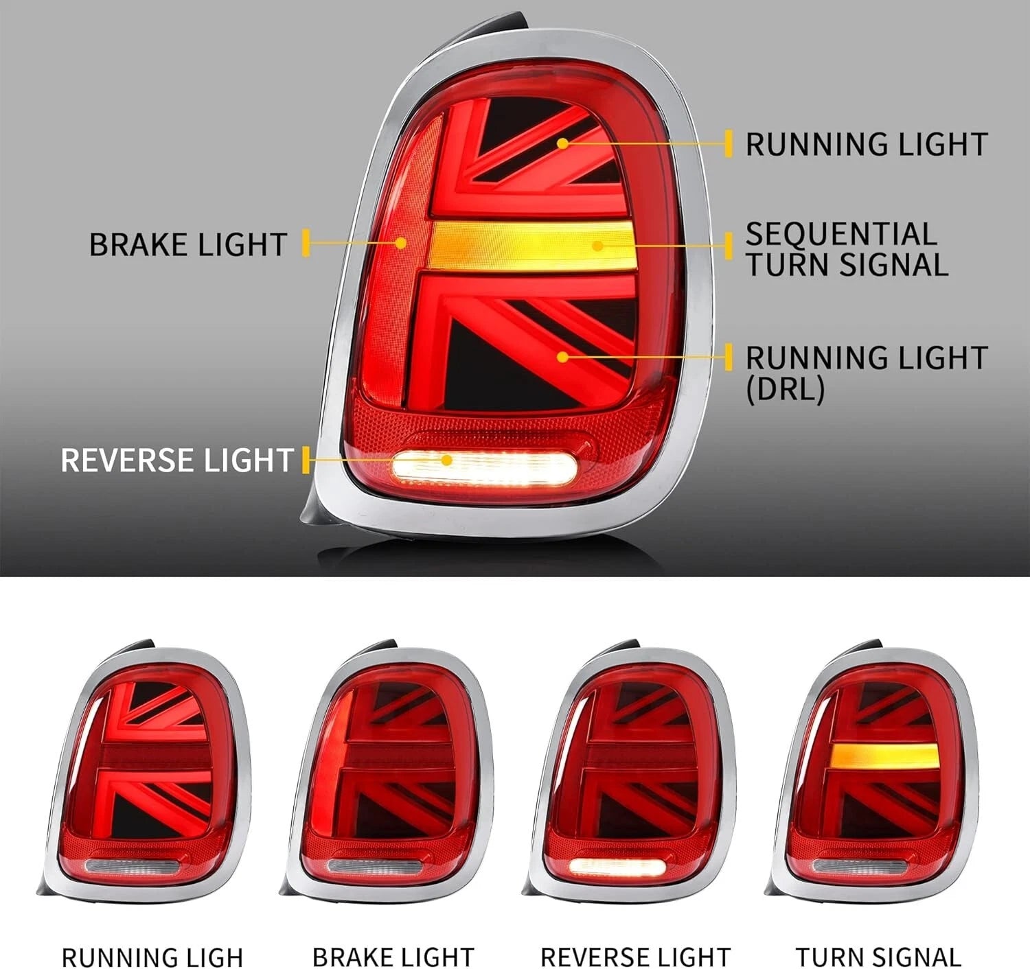 RED LED REAR LIGHTS FOR MINI COOPER F55 F56 F57 UNION JACK W/SEQUENTIAL 14-23