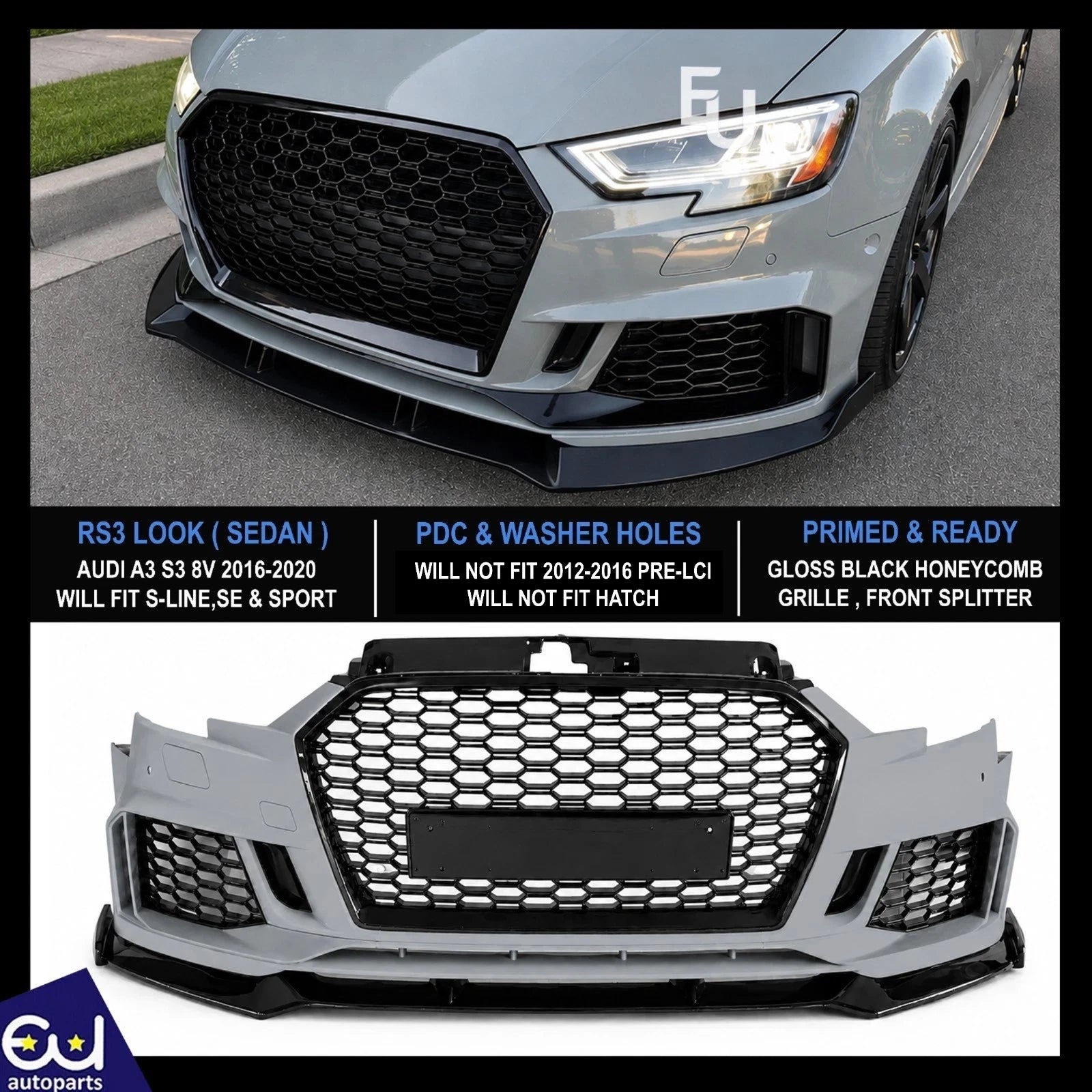FRONT BUMPER RS3 STYLE LOOK CONVERSION FOR AUDI A3 SEDAN 8V 2016-2020 W/SPLITTER