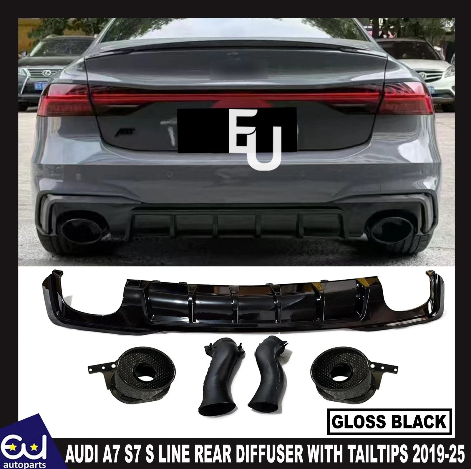 RS7 LOOK GLOSS BLACK REAR BUMPER DIFFUSER WITH TAILPIPE FOR AUDI A7 S7 4K8 2019+