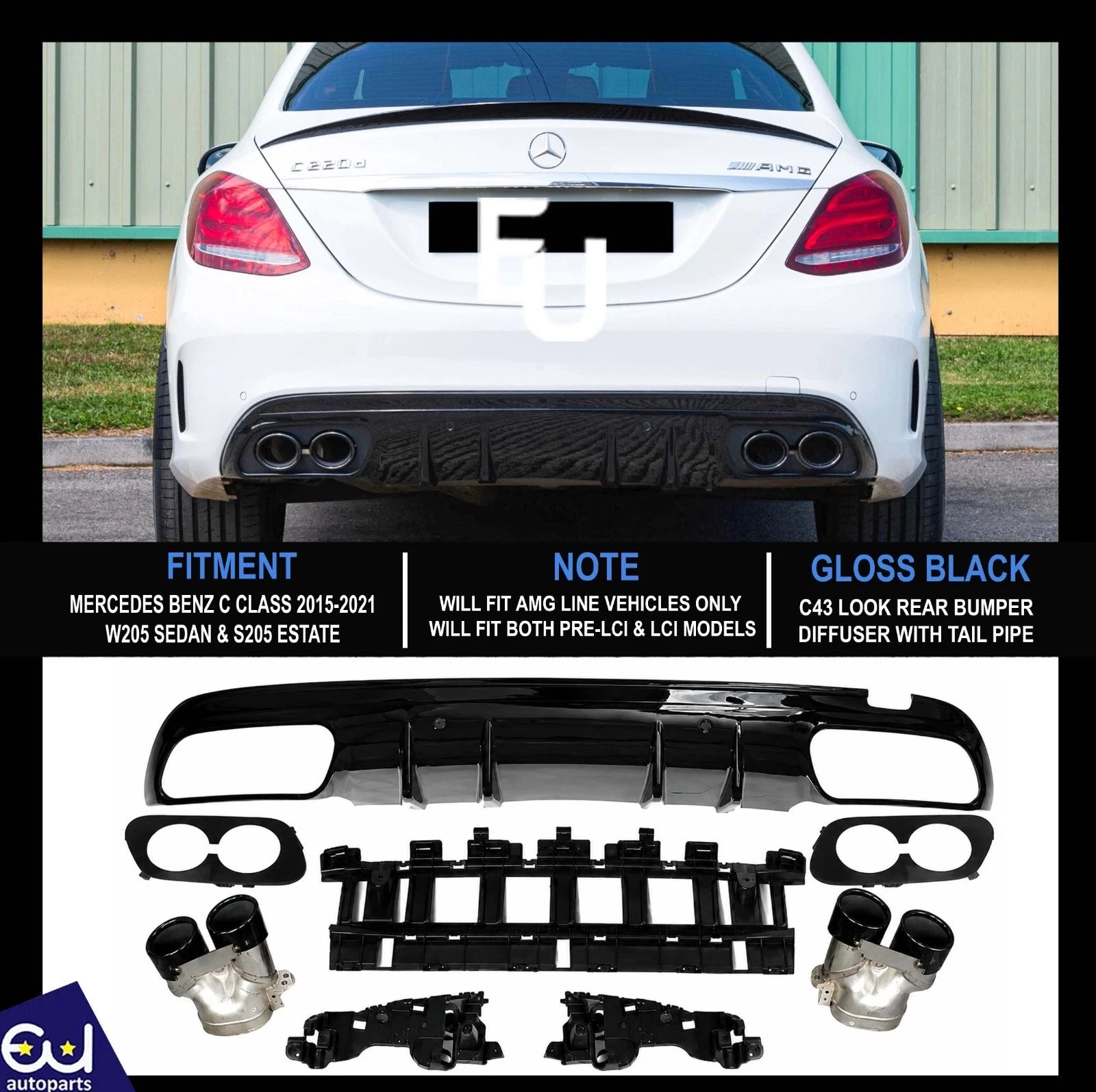 REAR DIFFUSER BUMPER AMG SEDAN FOR MERCEDES BENZ C CLASS W205 AMG C43 2015-2018