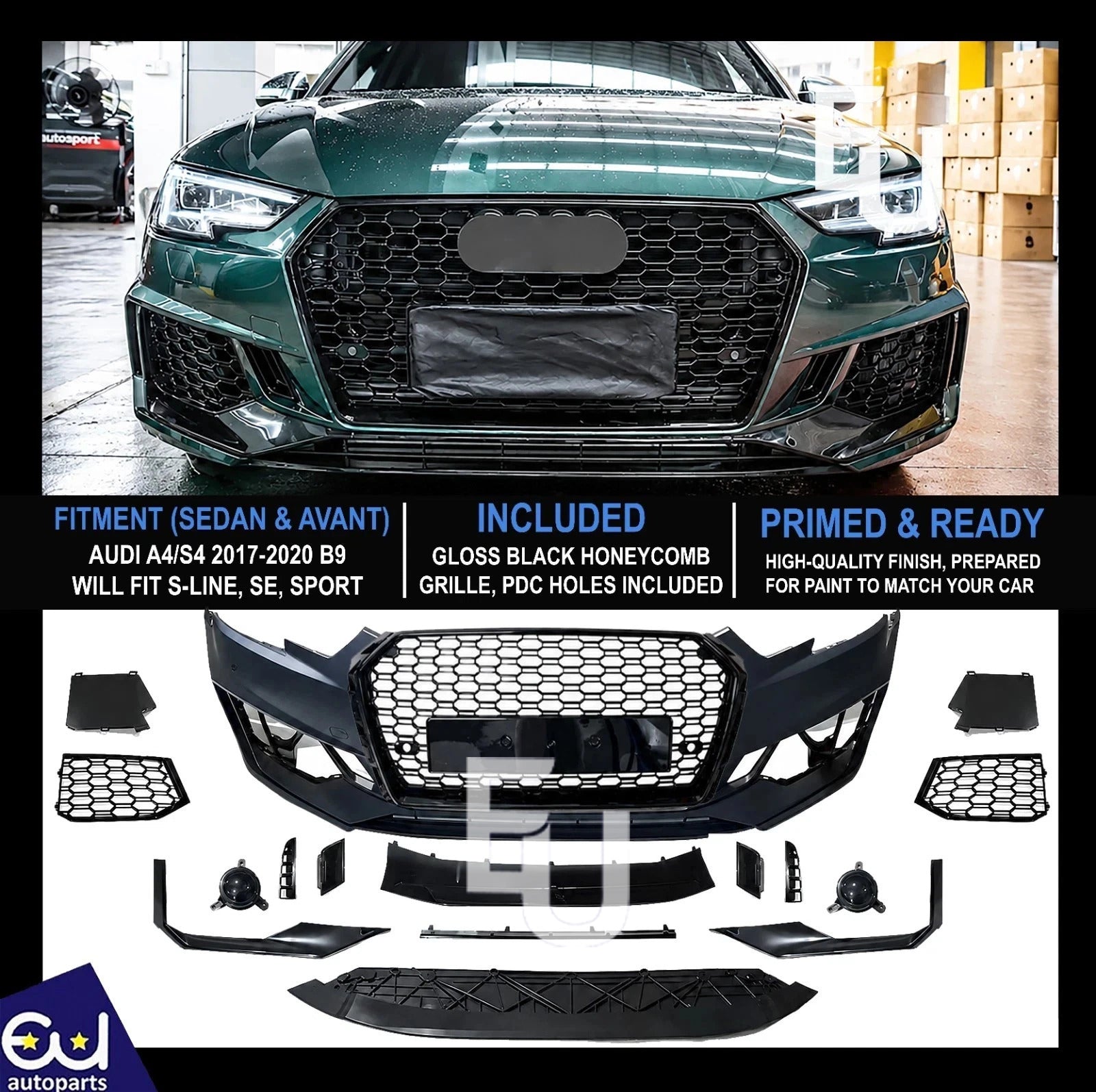 RS4 CONVERSION FRONT BUMPER BODYKIT FOR AUDI A4 S4 B9 2017-20 SEDAN AVANT W/PDC