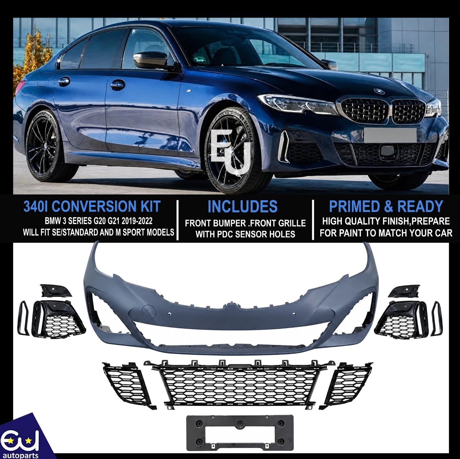 M SPORT LOOK FRONT BUMPER CONVERSION M340I FOR BMW 3 SERIES G20 G21 19-22 PDC