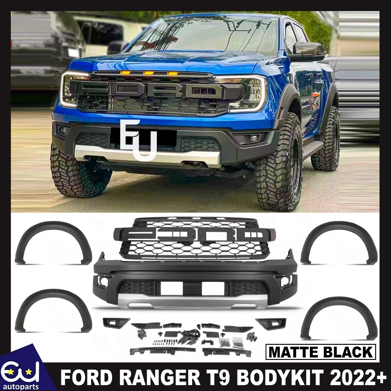 MATTE BLACK RAPTOR STYLE BUMPER WHEEL ARCHES BODYKIT KIT FOR FORD RANGER T9 22+