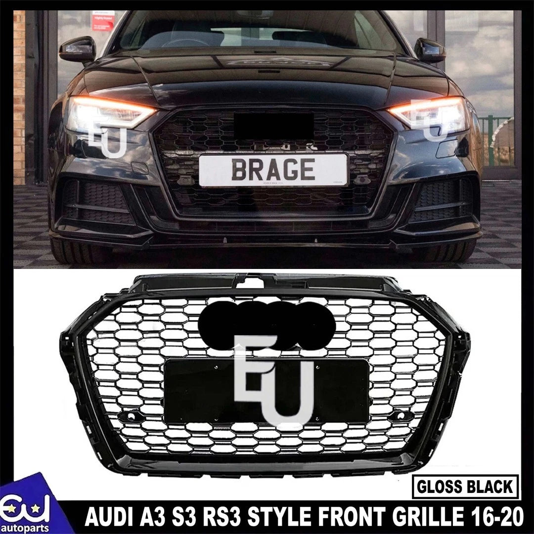 RS3 STYLE HONEYCOMB MESH FRONT GRILLE FOR AUDI A3/S3 8V FACELIFT GLOSS 2016-2019