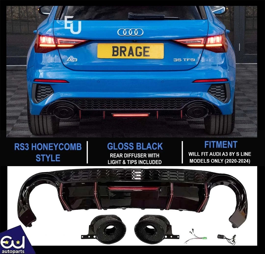 FOR AUDI A3 S3 8Y HATCHBACK RS3 LOOK HONEYCOMB REAR DIFFUSER W/LIGHT & PIPES 20-24