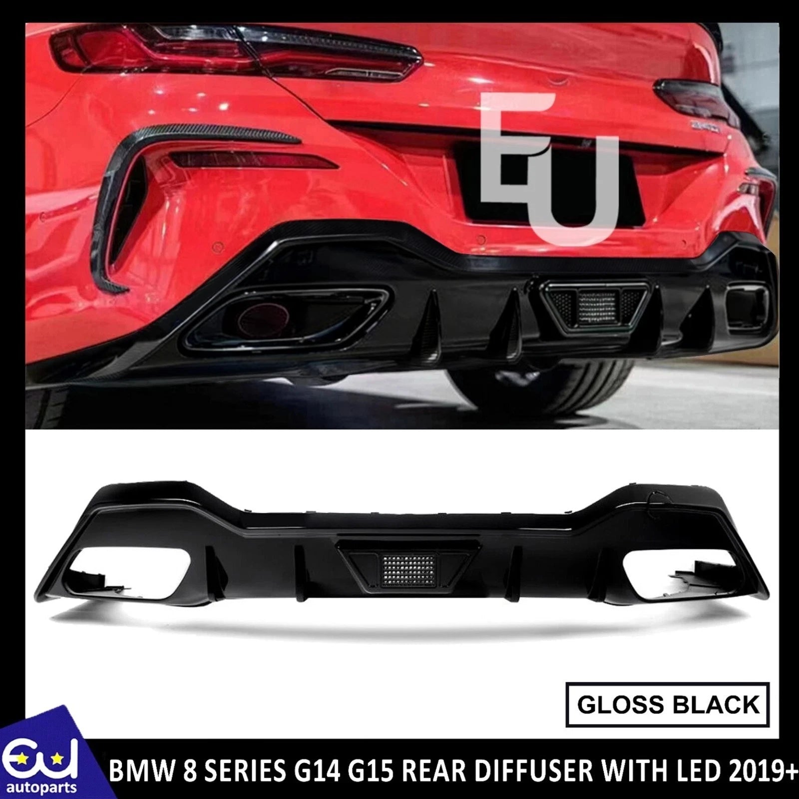 REAR DIFFUSER WITH LED LIGHT FOR BMW 8 SERIES G14 G15 M SPORT GLOSS BLACK 2019+