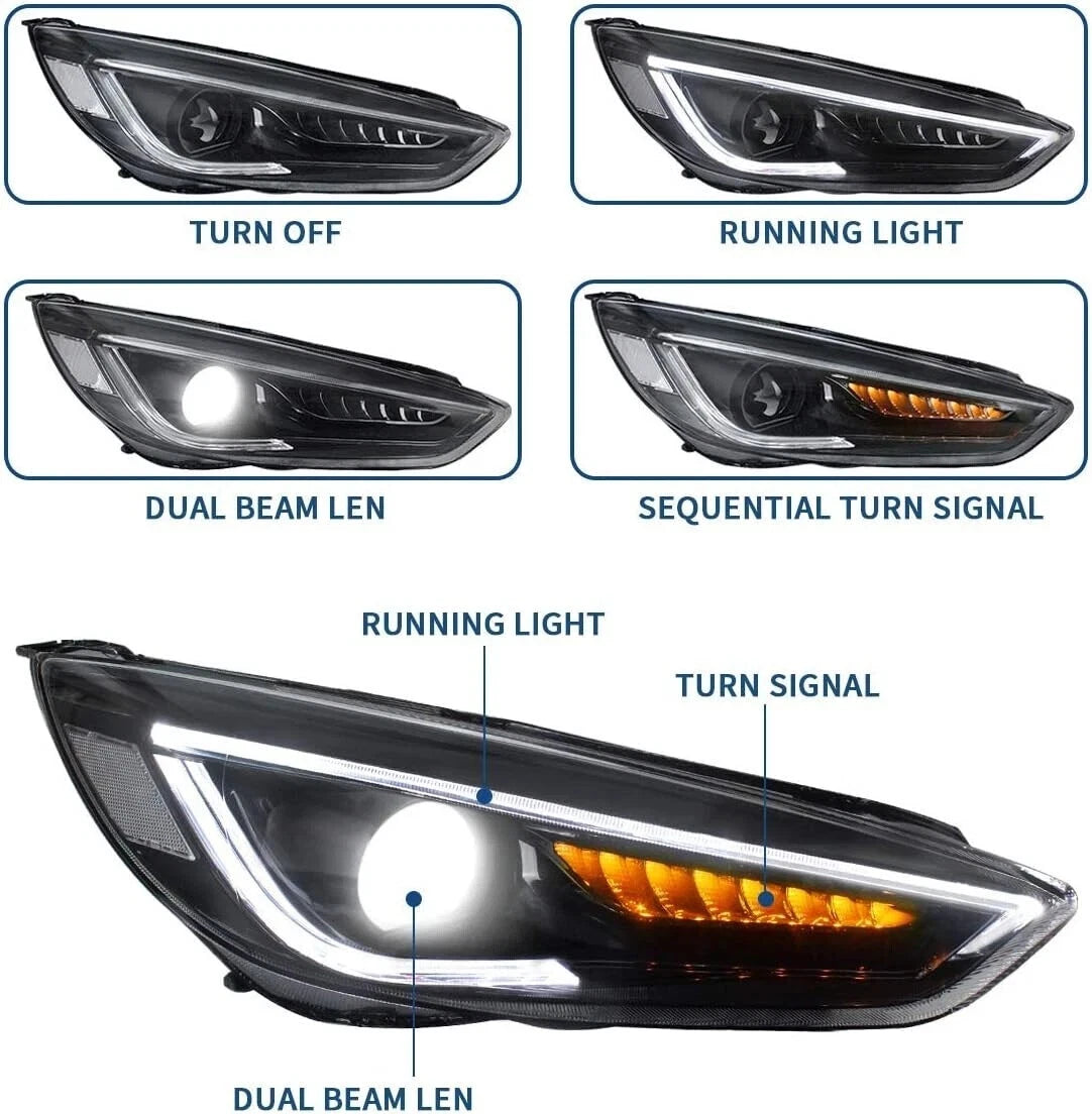 LED HEAD LIGHTS LAMPS SET FOR FORD FOCUS 2015-2018 WITH SEQUENTIAL INDICATORS