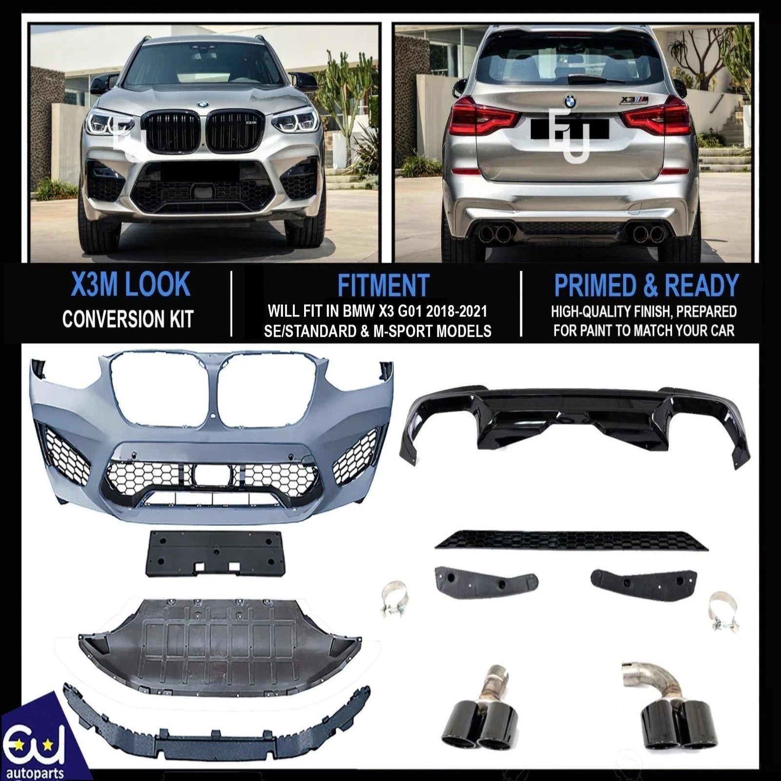 FOR BMW X3 G01 18-21 X3M F97 CONVERSION FRONT REAR BUMPER BODY KIT REAR DIFFUSER