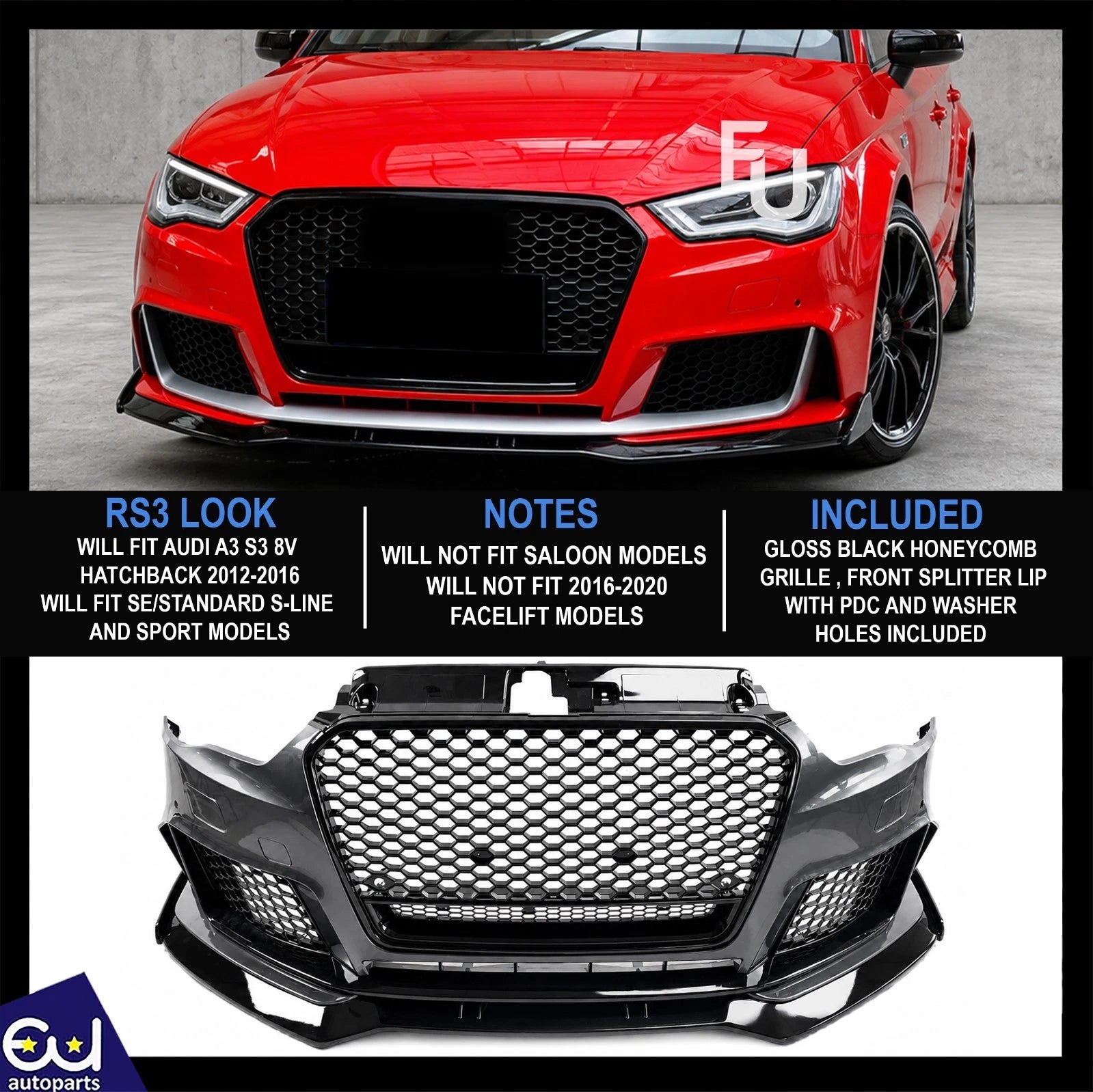 RS3 LOOK FRONT BUMPER BODYKIT FRONT SPLITTER FOR AUDI A3 S3 8V 2012-2016 HATCH