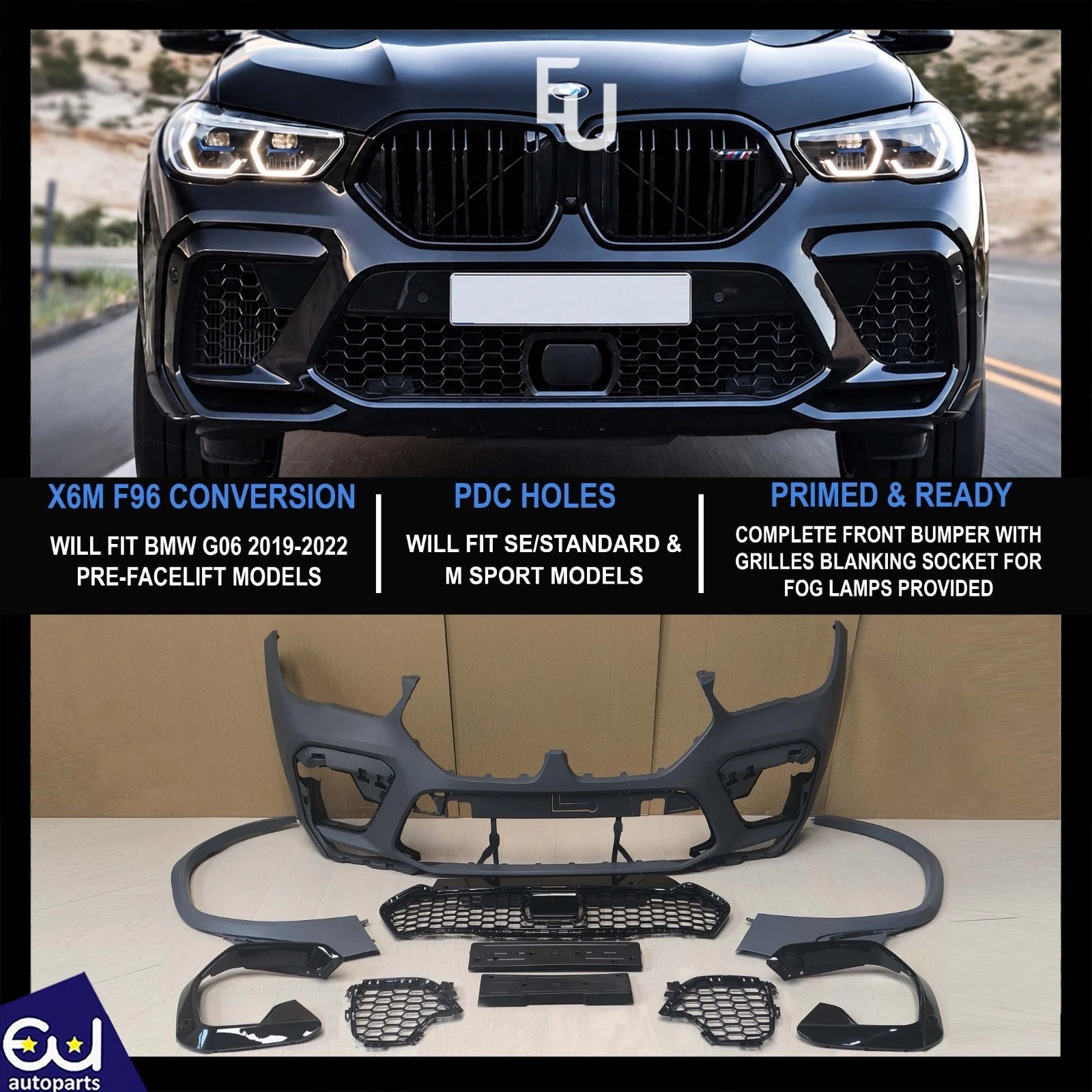 X6M F96 CONVERSION FRONT BUMPER BODYKIT W/WHEEL ARCHES GRILL FOR BMW G06 2019-22