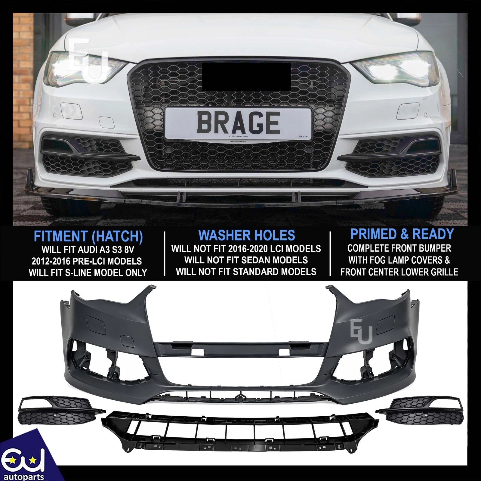 FOR AUDI A3 S3 8V 2012-2016 S-LINE HATCHBACK FRONT BUMPER PRIME WITH WASHER JETS