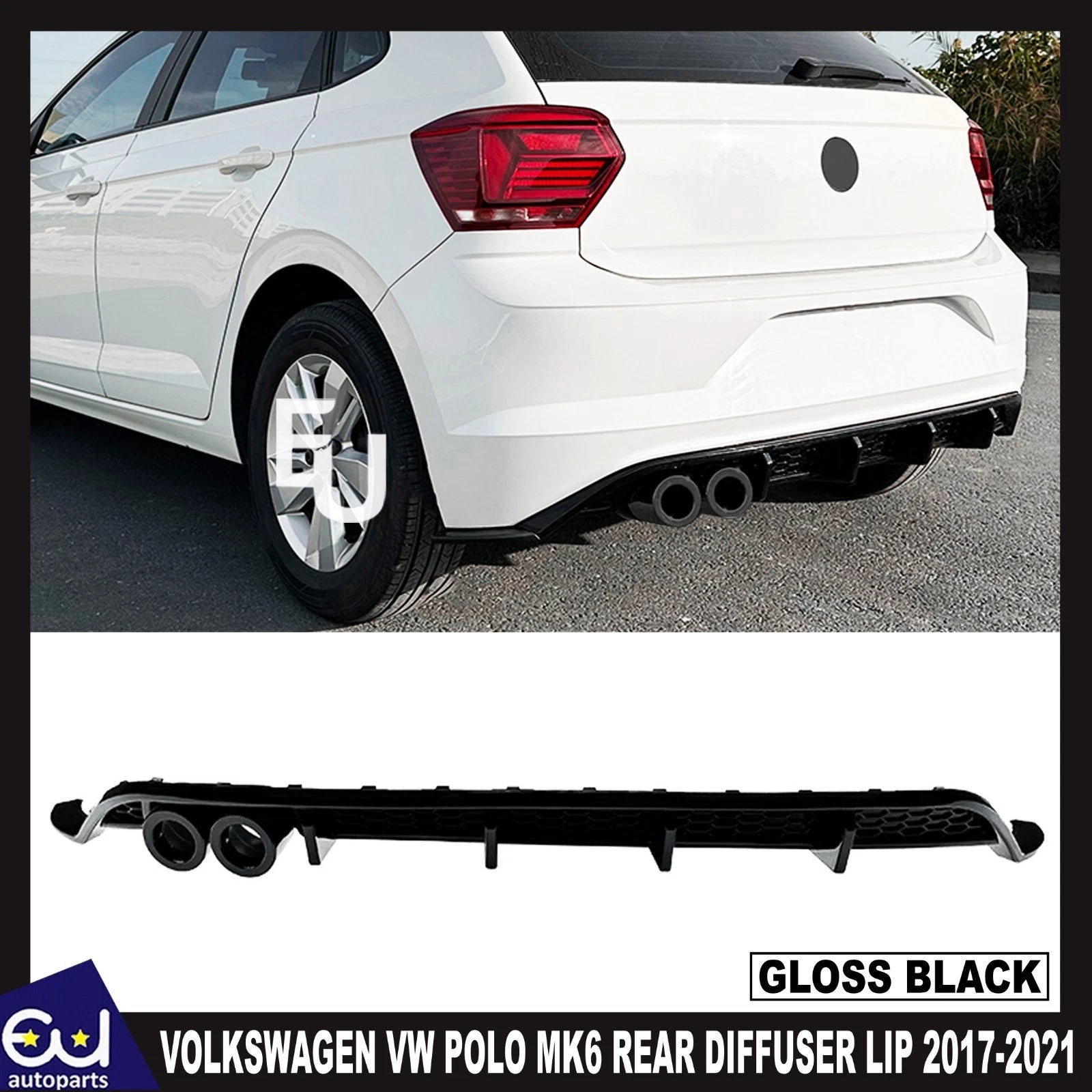 FOR VW POLO MK6 GTI STYLE REAR BUMPER DIFFUSER LIP SPOILER GLOSS BLACK 2017-2021