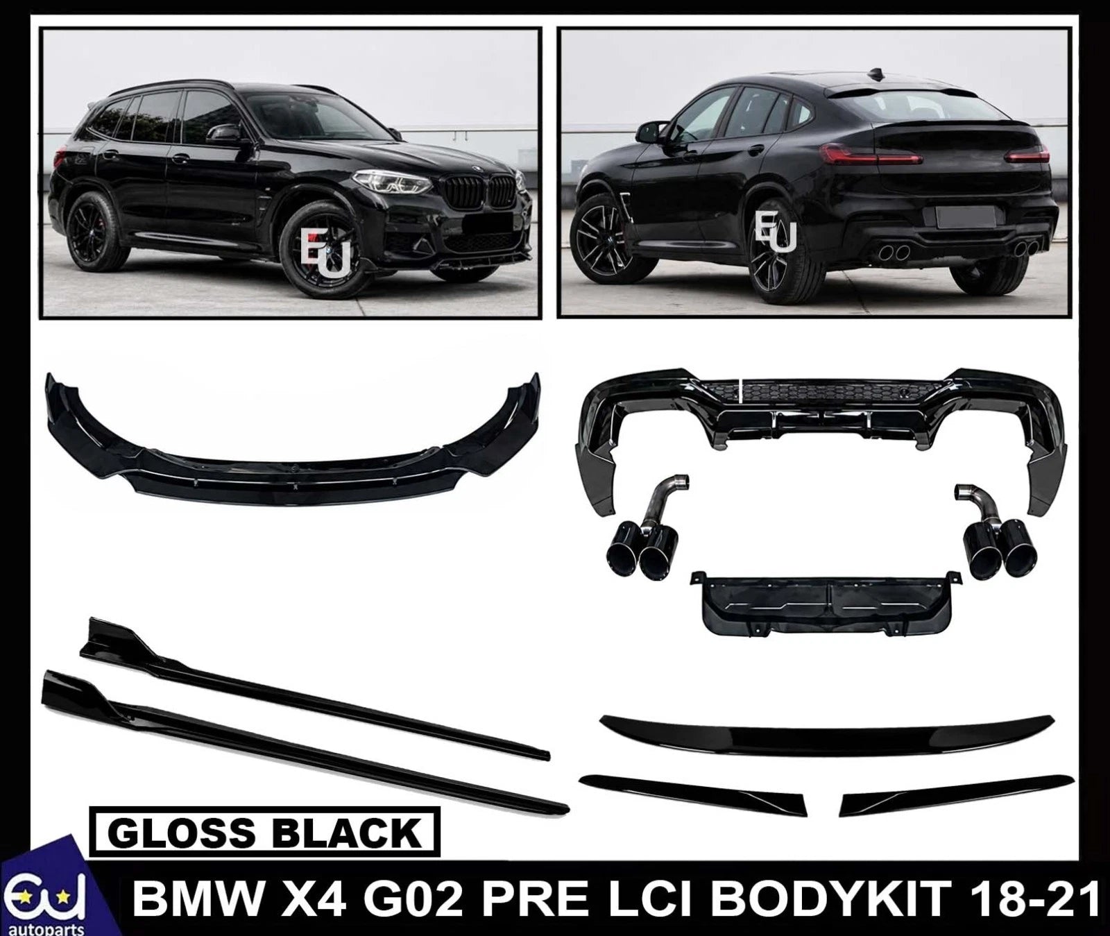 FOR BMW X4 G02 PRE-LCI GLOSS BLACK AERO BODYKIT SPLITTER DIFFUSER AND TIPS 18-21
