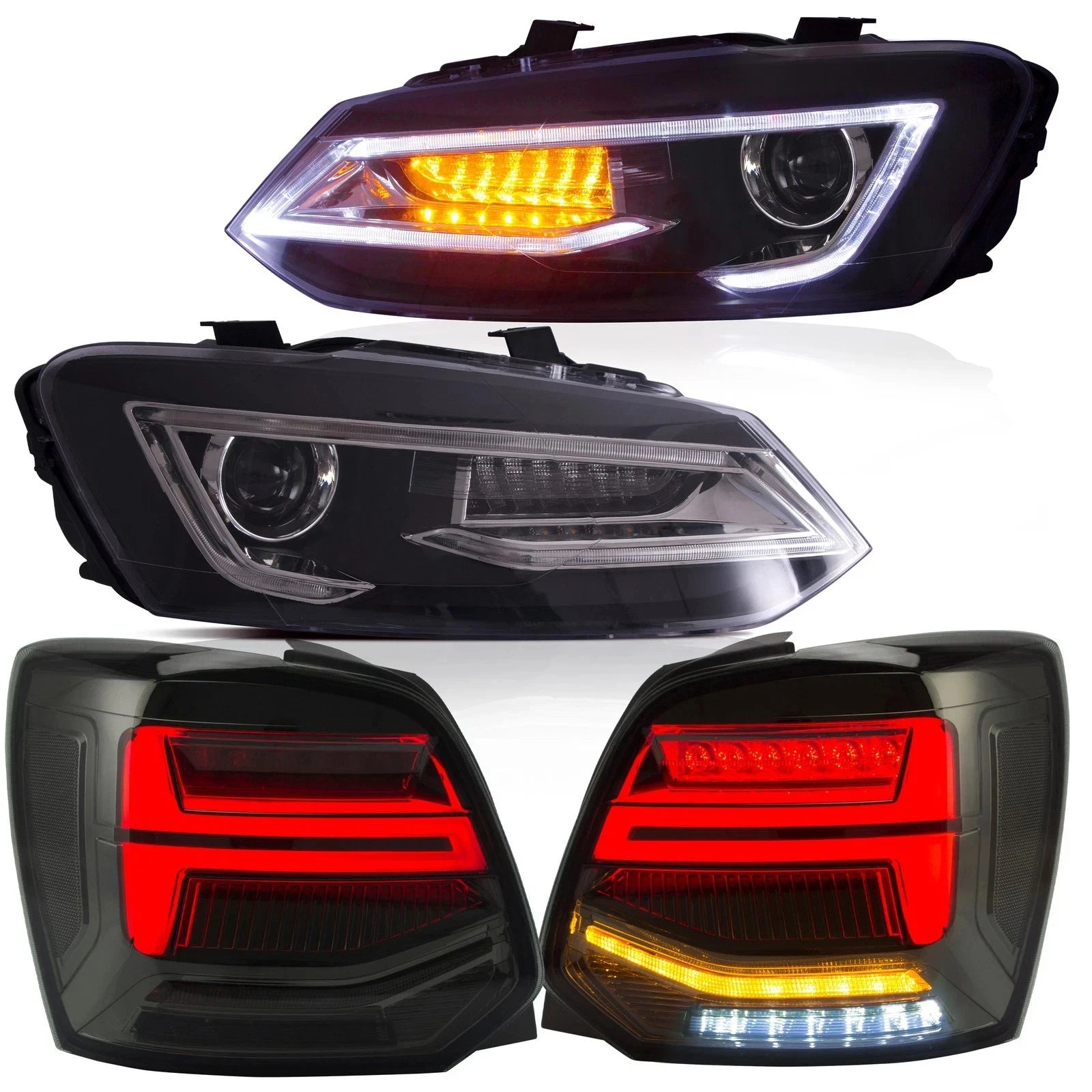 LED HEADLIGHT SMOKED REAR TAIL LIGHTS LAMP SET FOR VW POLO 11-17 WITH SEQUENTIAL