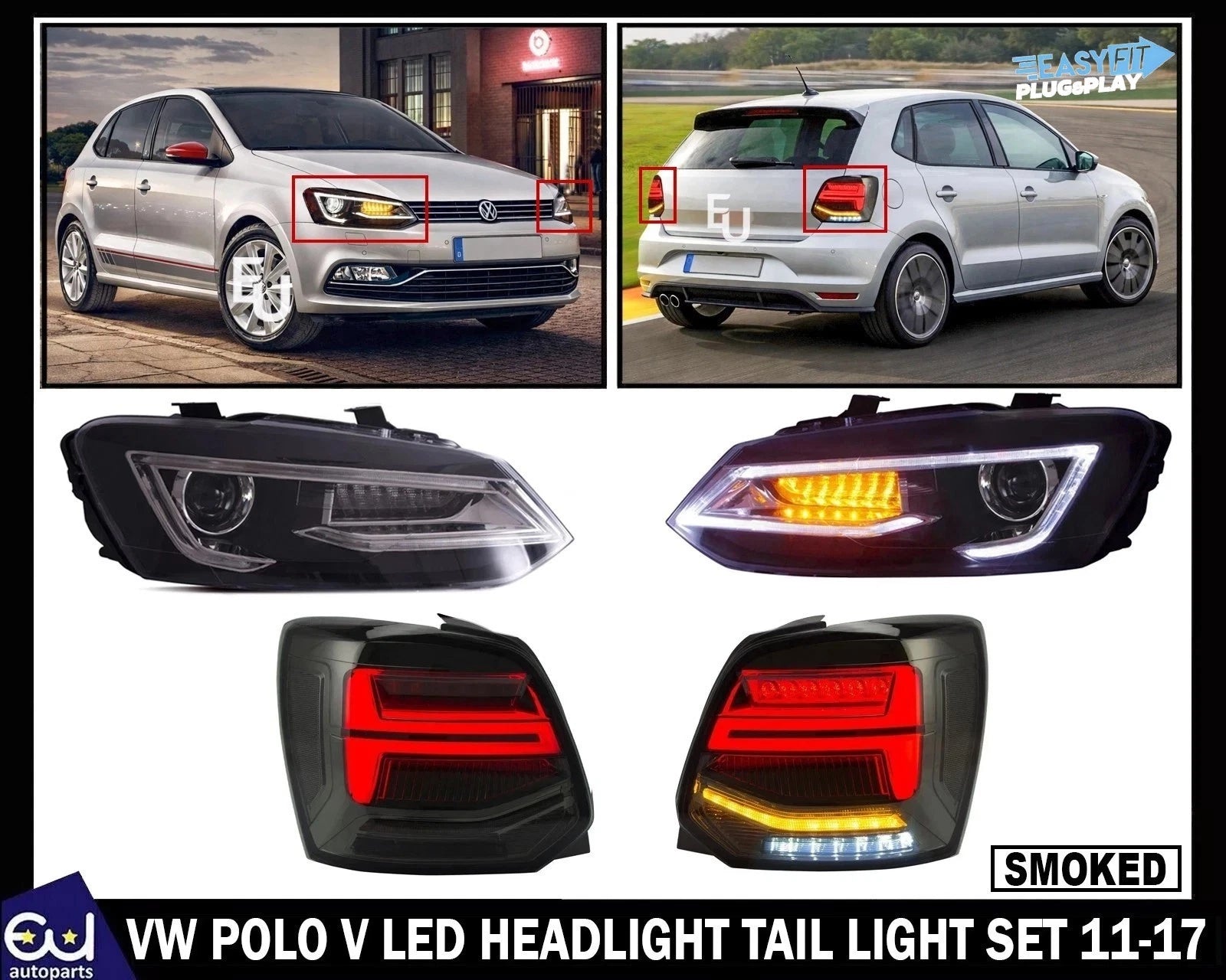 LED HEADLIGHT SMOKED REAR TAIL LIGHTS LAMP SET FOR VW POLO 11-17 WITH SEQUENTIAL