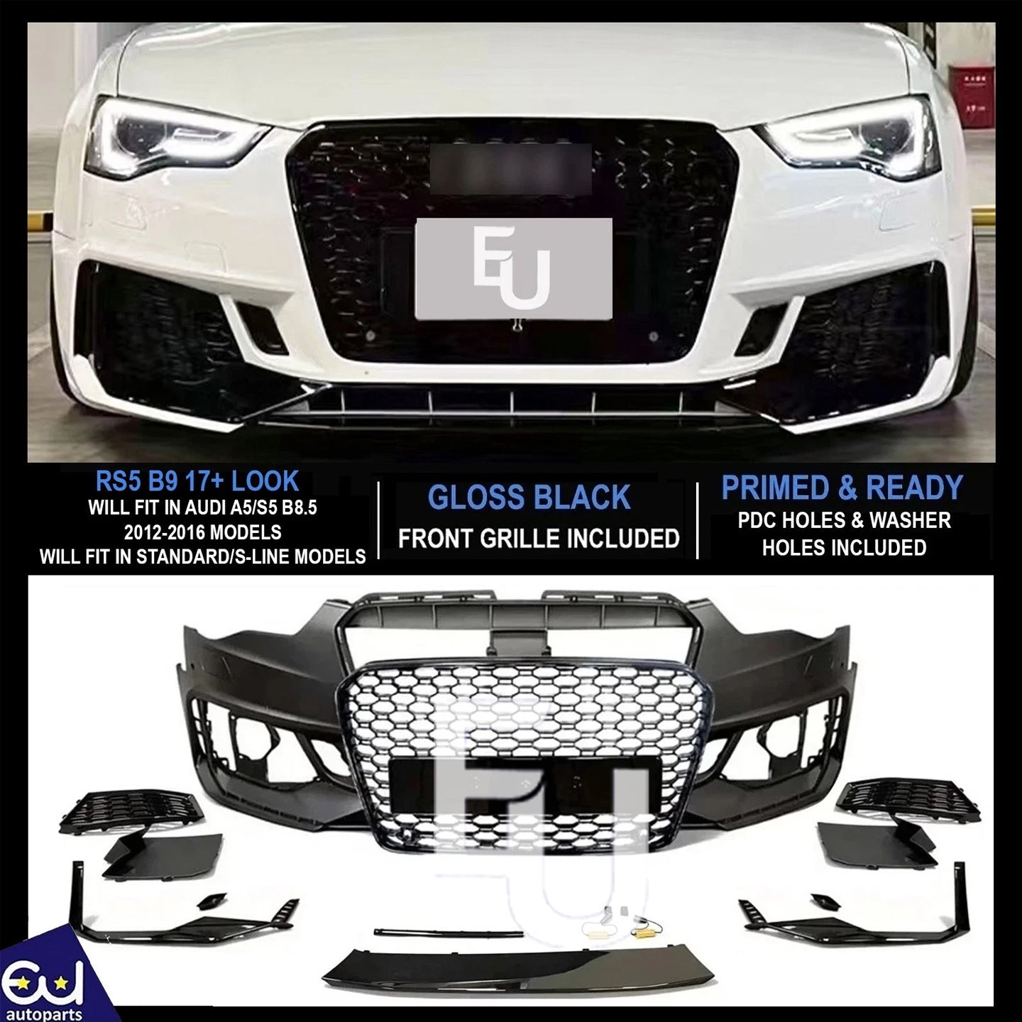 FOR AUDI A5 S5 B8.5 2012-16 UPGRADED B9 RS5 17+ LOOK FRONT BUMPER BODYKIT GRILLE
