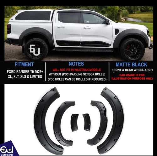 FOR FORD RANGER T9 2022+ XLT XL XLS MATTE BLACK WIDE WHEEL ARCHES FENDER FLARES