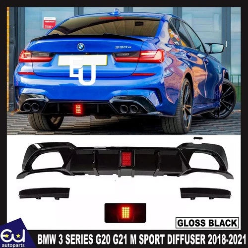 FOR BMW 3 SERIES G20 G21 M SPORT GLOSS BLACK REAR DIFFUSER WITH LED 2018-2021