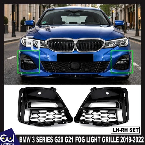 PAIR FOR BMW 3 SERIES G20 G21 M SPORT GLOSS BLACK FRONT FOG LIGHT GRILLE COVER