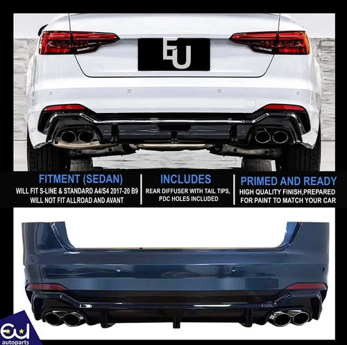 RS4 ABT CONVERSION REAR BUMPER QUAD EXHAUST DIFFUSER FOR AUDI A4 S4 B9 2017-2020