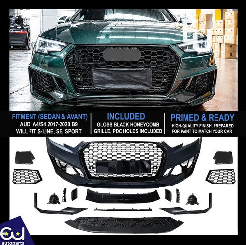 RS4 CONVERSION FRONT BUMPER BODYKIT FOR AUDI A4 S4 B9 2017-20 SEDAN AVANT W/PDC