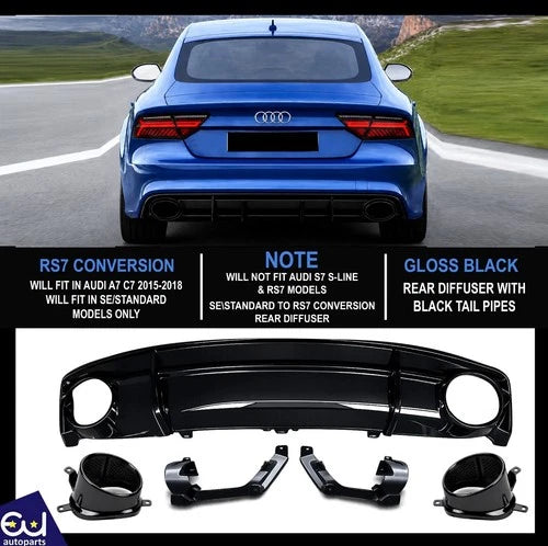 RS7 STYLE GLOSS REAR DIFFUSER W/BLACK TIPS FOR AUDI A7 C7 4G8 SE STANDARD 15-18
