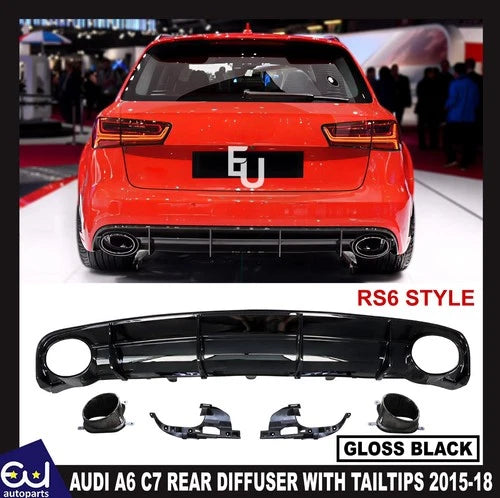 RS6 CONVERSION REAR DIFFUSER WITH BLACK TIPS FOR AUDI A6 C7.5 2015-18 BODYKIT