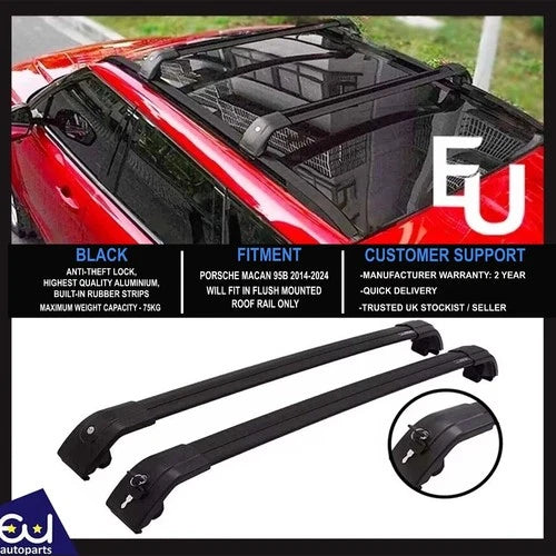 LOCKABLE ALUMINIUM BLACK CROSS BARS ROOF RAILS 75 KG FOR PORSCHE MACAN 95B 14-ON