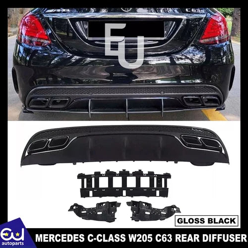 FOR MERCEDES C-CLASS W205 C63 LOOK GLOSS BLACK REAR DIFFUSER TAIL PIPE AMG