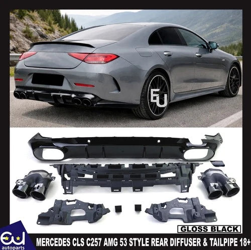 FOR MERCEDES CLS C257 AMG 53 STYLE REAR DIFFUSER GLOSS BLACK TAILPIPES 2018+