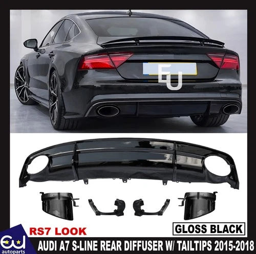 RS7 STYLE GLOSS REAR DIFFUSER WITH BLACK TIPS FOR AUDI A7 C7 4G8 S-LINE 2015-18