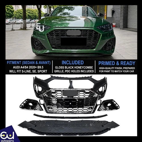 RS4 CONVERSION FRONT BUMPER BODY KIT W/PDC FOR AUDI A4 S4 B9.5 2020+ SEDAN AVANT