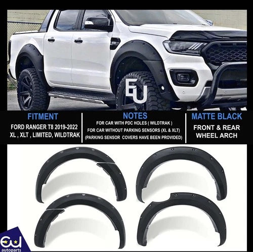 MATTE BLACK WHEEL ARCH FENDER FLARE FOR FORD RANGER T8 2019-22 WILDTRAK XL XLT