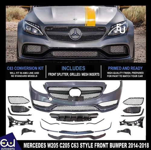 FOR MERCEDES W205 C205 C63 CONVERSION FRONT BUMPER GRILLE BODYKIT PRIMED 2015-18
