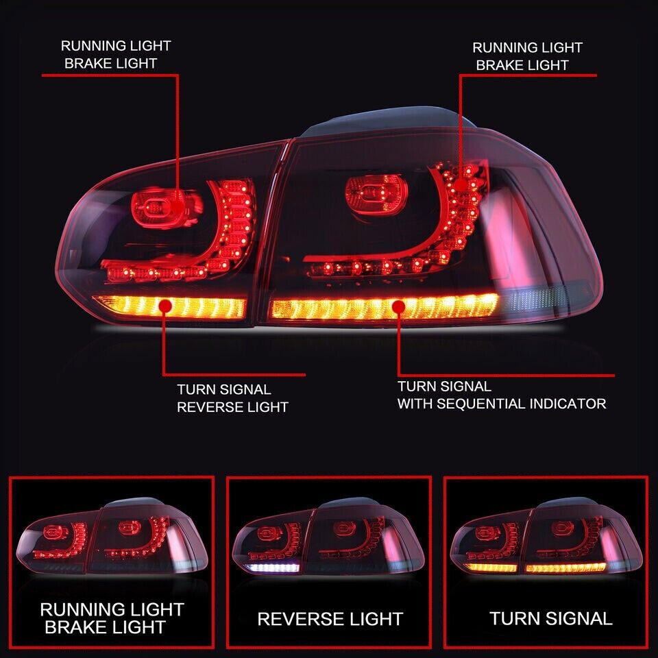 PAIR RIGHT LEFT LED TAIL LIGHTS LAMP FOR VW GOLF MK6 GTI R 08-13 RED SMOKED REAR