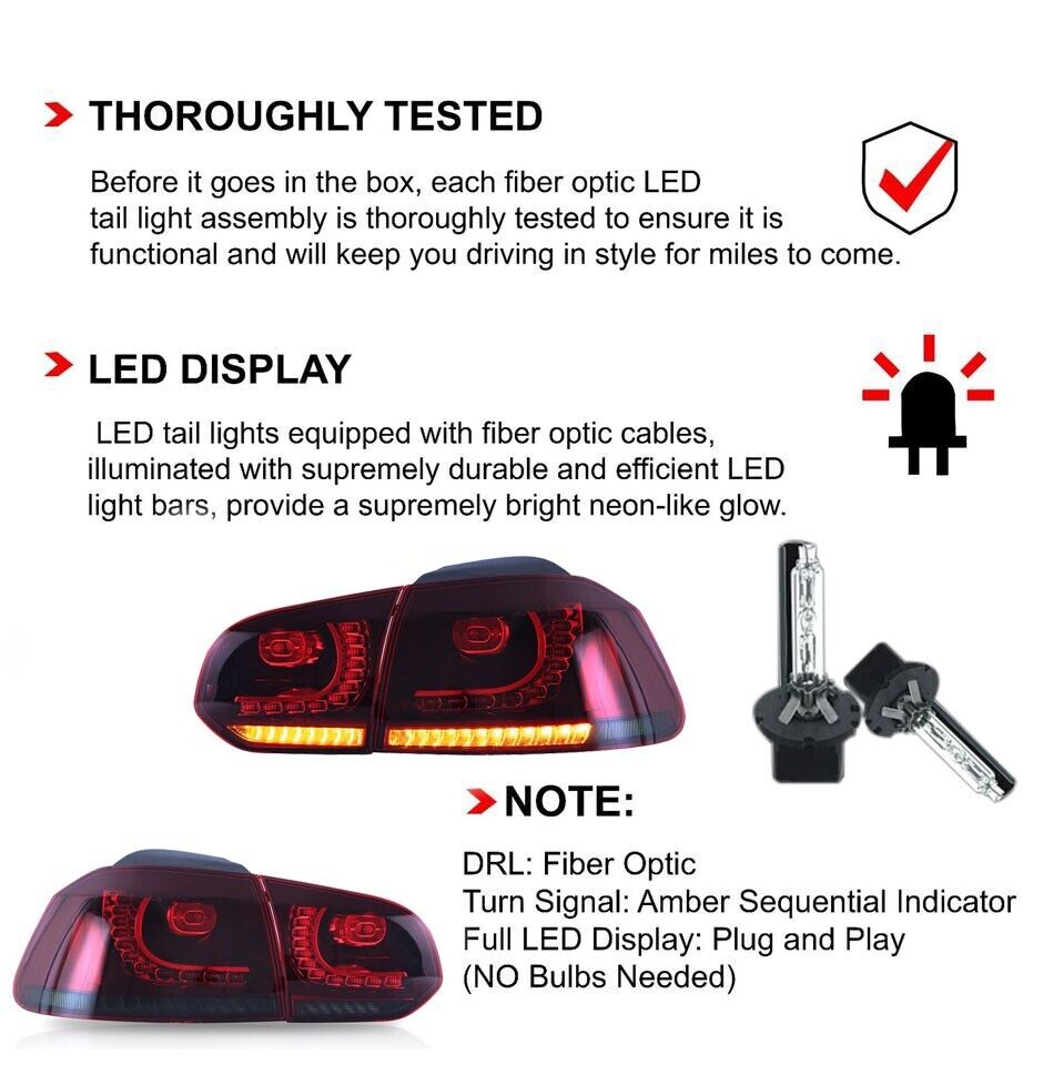 PAIR RIGHT LEFT LED TAIL LIGHTS LAMP FOR VW GOLF MK6 GTI R 08-13 RED SMOKED REAR