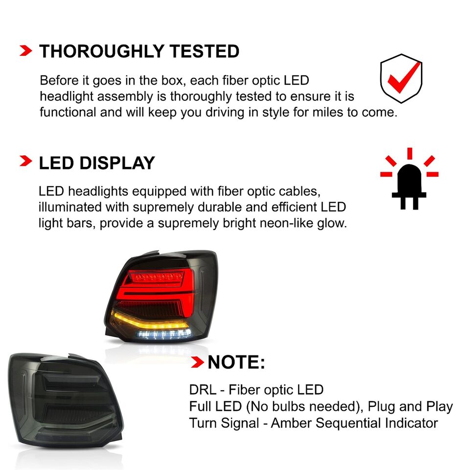 FULL SMOKED LED REAR TAIL LIGHTS BRAKE LAMP W/SEQUENTIAL FOR VW POLO 2011-2017