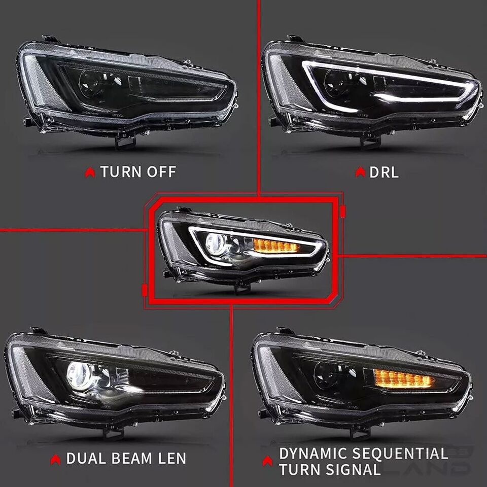 LED HEAD LIGHT LAMP FOR MITSUBISHI LANCER EVO X FULL BLACK LEFT+RIGHT 2008-2020