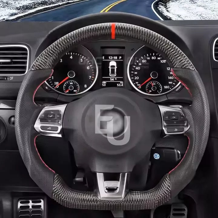 FOR VW GOLF VI MK6 GTI GTD R SCIROCCO JETTA CARBON FIBER LEATHER STEERING WHEEL