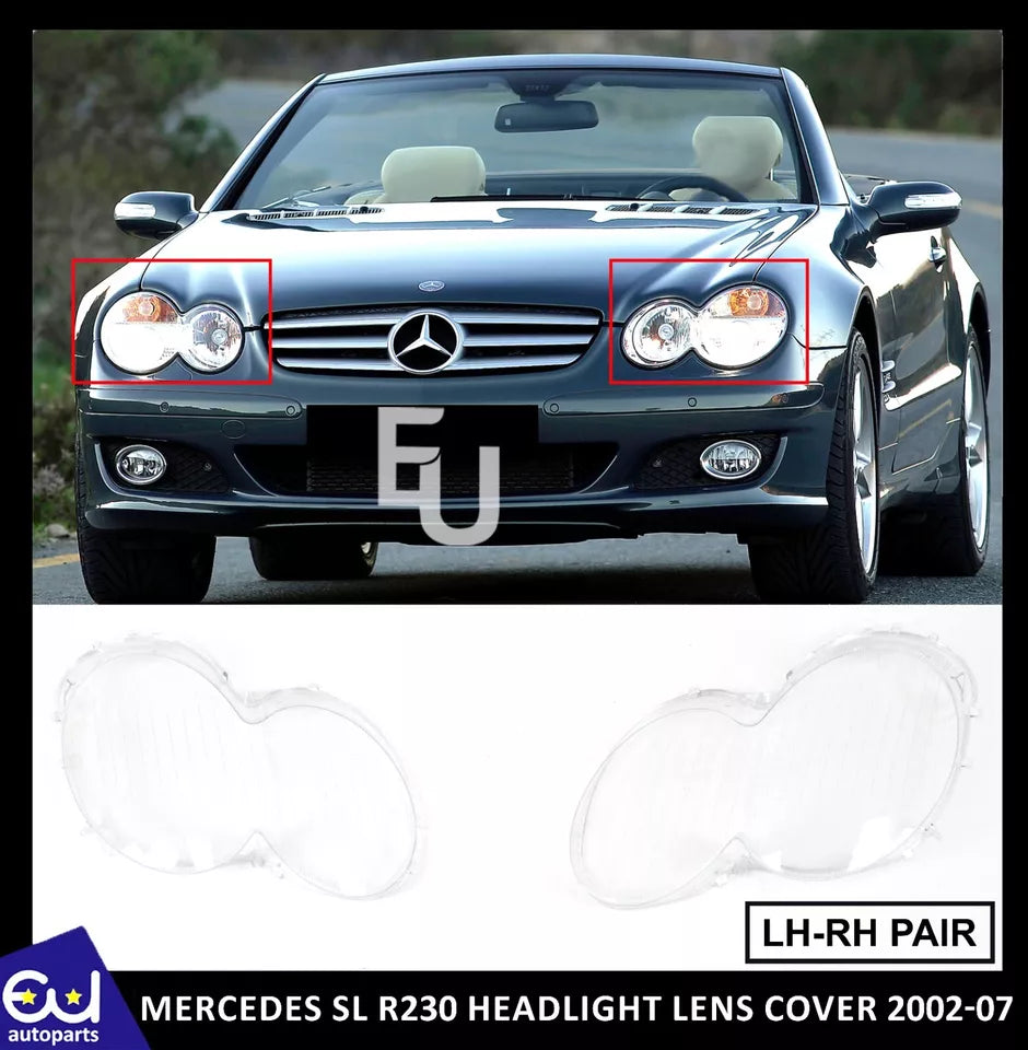 FOR MERCEDES SL R230 LEFT RIGHT SIDE PAIR HEADLIGHT LENS HEADLAMP COVER 2002-07